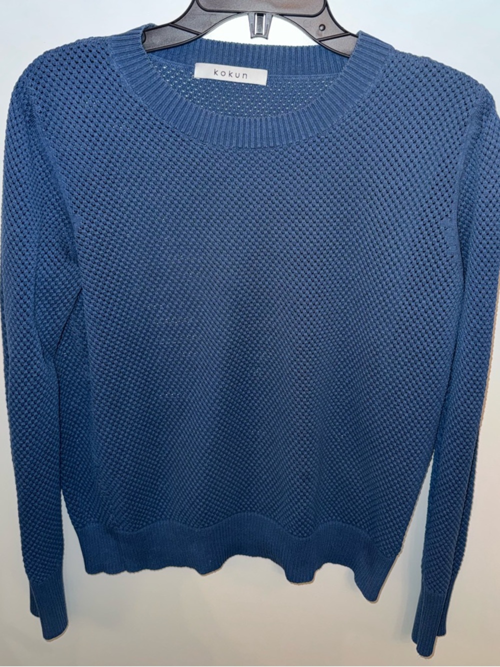 Kokun 100% Cotton Blue Textured Knit Sweater Small Ribbed Hem